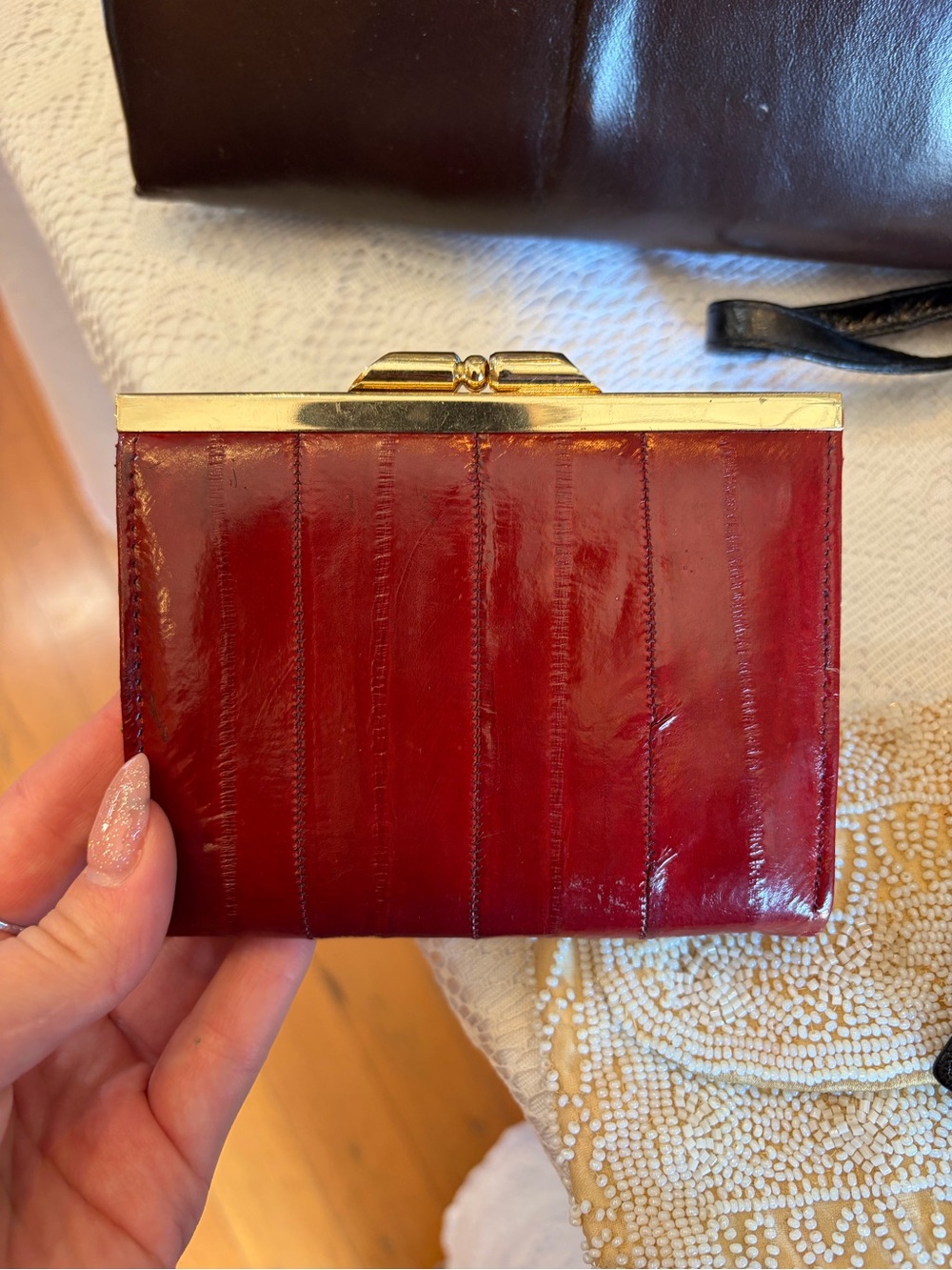 Vintage Red Eel Skin Kiss-Lock Wallet - Women's